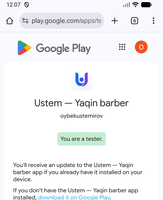 Xuddi shu sahifa bosishdan keyin: Ustem — Yaqin barber nomi ostida yashil «You are a tester.» belgisi.