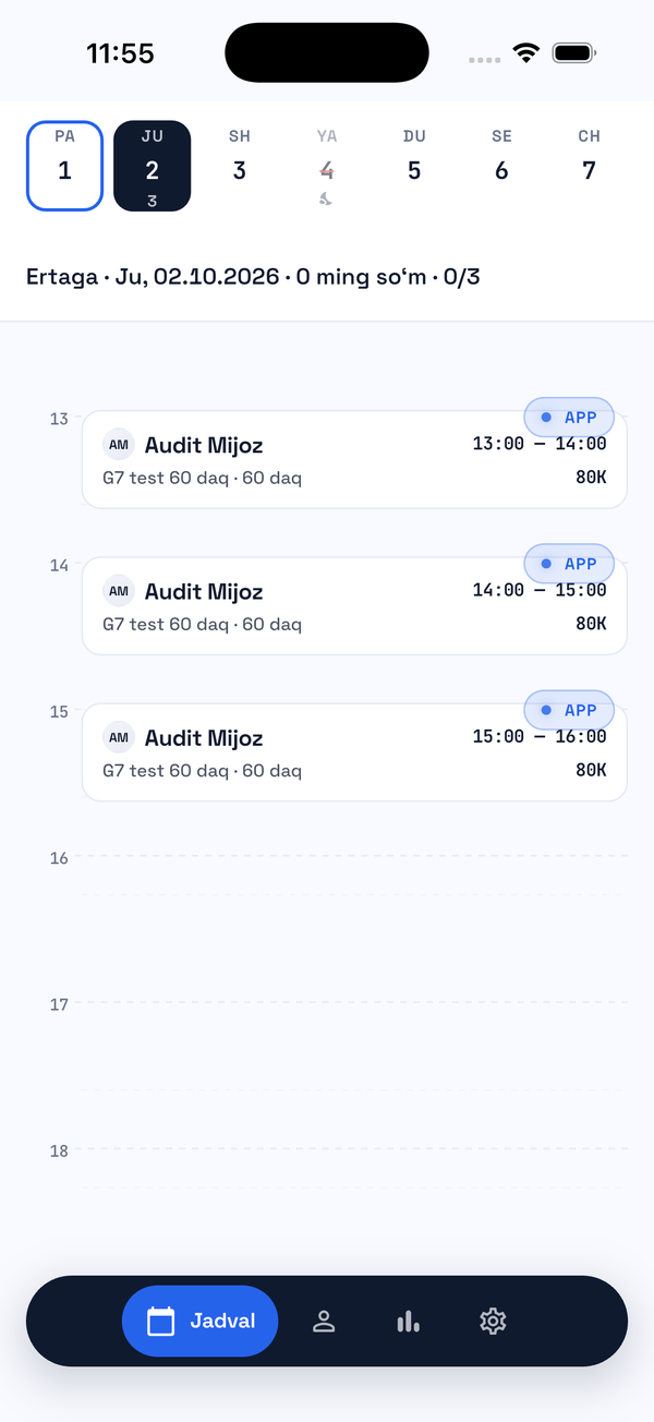 Ustem Business — Jadval: 2-oktabr uchun uchta bron ketma-ket, 13:00–14:00, 14:00–15:00 va 15:00–16:00, har biri 80K; hafta kunlari qatori va pastda navigatsiya. Sinov ma'lumotlari.